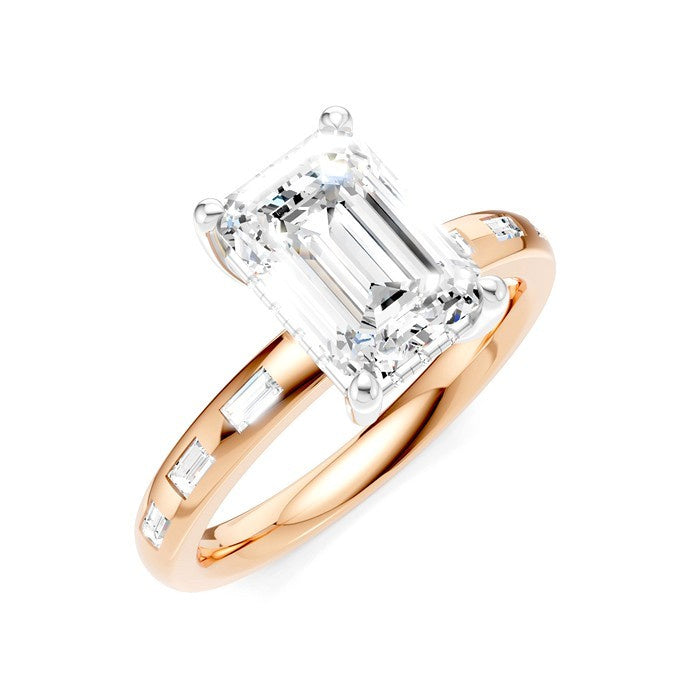 1/4 Ctw Emerald Shape Baguette and Round Cut Diamond Semi-Mount Engagement Ring in 14K Rose and White Gold