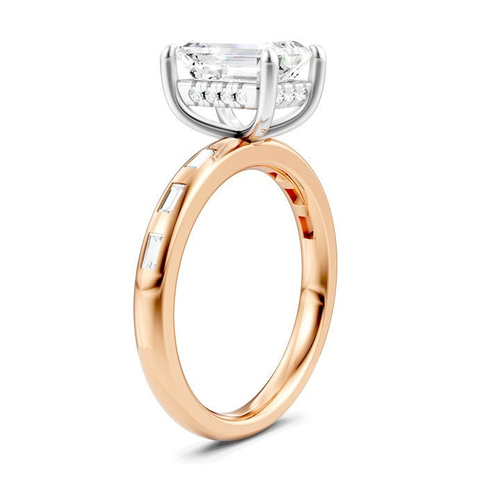 1/4 Ctw Emerald Shape Baguette and Round Cut Diamond Semi-Mount Engagement Ring in 14K Rose and White Gold