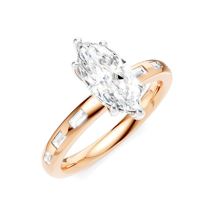 1/4 Ctw Marquise Shape Baguette and Round Cut Diamond Semi-Mount Engagement Ring in 14K Rose and White Gold