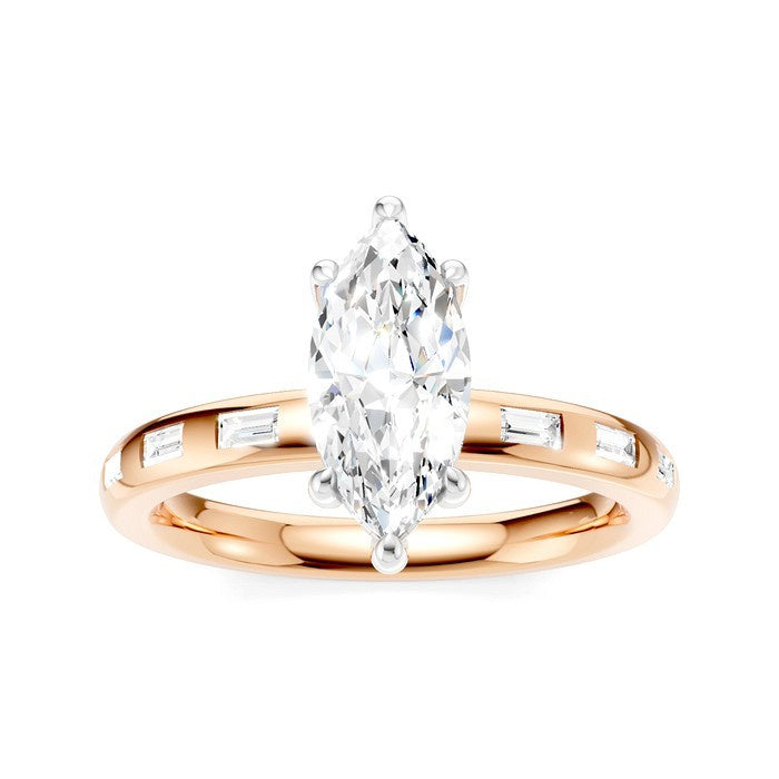 1/4 Ctw Marquise Shape Baguette and Round Cut Diamond Semi-Mount Engagement Ring in 14K Rose and White Gold