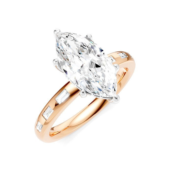 1/4 Ctw Marquise Shape Baguette and Round Cut Diamond Semi-Mount Engagement Ring in 14K Rose and White Gold