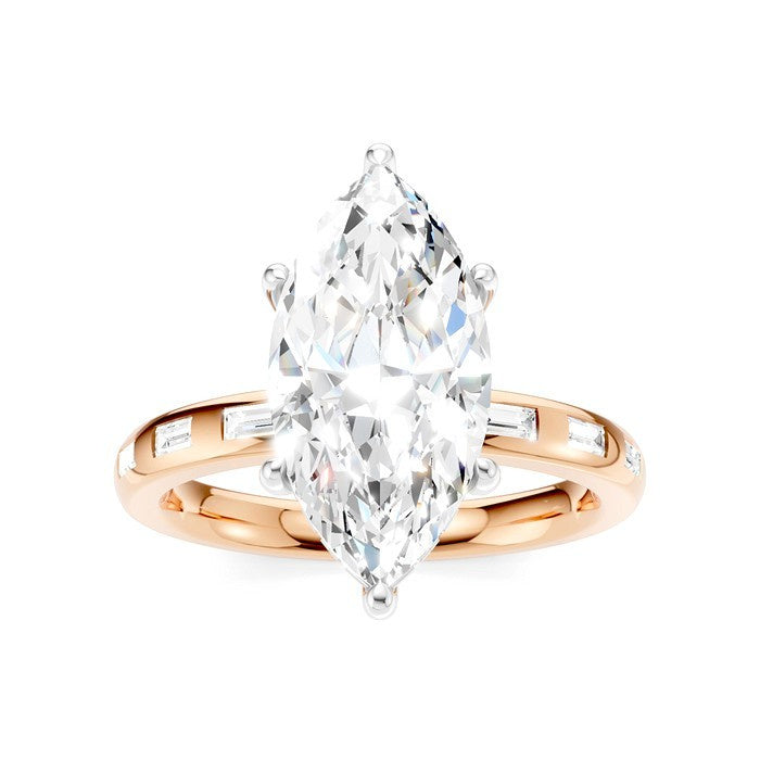 1/4 Ctw Marquise Shape Baguette and Round Cut Diamond Semi-Mount Engagement Ring in 14K Rose and White Gold