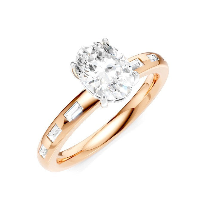 1/4 Ctw Oval Shape Baguette and Round Cut Diamond Semi-Mount Engagement Ring in 14K Rose and White Gold