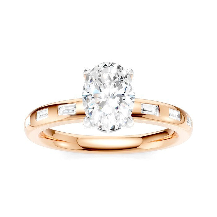 1/4 Ctw Oval Shape Baguette and Round Cut Diamond Semi-Mount Engagement Ring in 14K Rose and White Gold