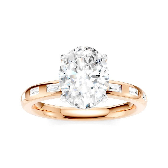 1/4 Ctw Oval Shape Baguette and Round Cut Diamond Semi-Mount Engagement Ring in 14K Rose and White Gold