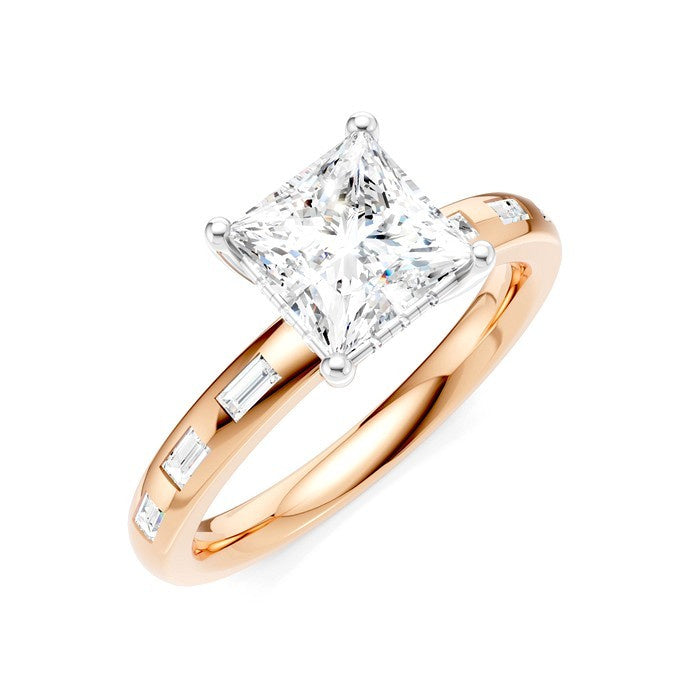 1/4 Ctw Princess Shape Baguette and Round Cut Diamond Semi-Mount Engagement Ring in 14K Rose and White Gold