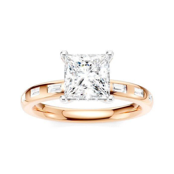 1/4 Ctw Princess Shape Baguette and Round Cut Diamond Semi-Mount Engagement Ring in 14K Rose and White Gold