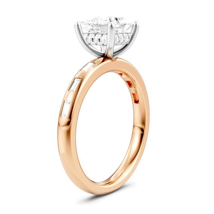 1/4 Ctw Princess Shape Baguette and Round Cut Diamond Semi-Mount Engagement Ring in 14K Rose and White Gold
