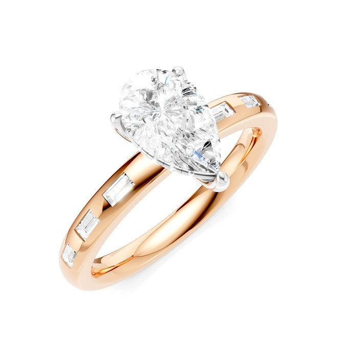 1/4 Ctw Pear Shape Baguette and Round Cut Diamond Semi-Mount Engagement Ring in 14K Rose and White Gold