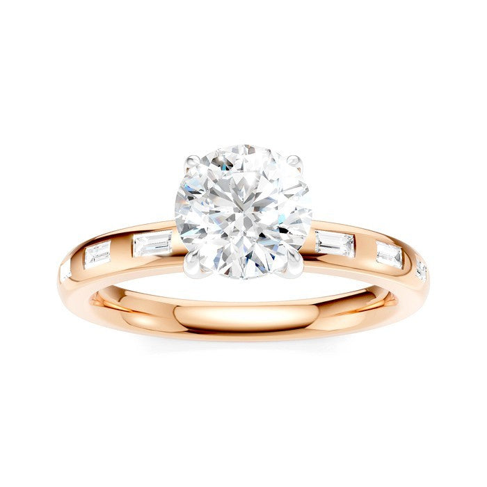 1/4 Ctw Round Shape Baguette and Round Cut Diamond Semi-Mount Engagement Ring in 14K Rose and White Gold