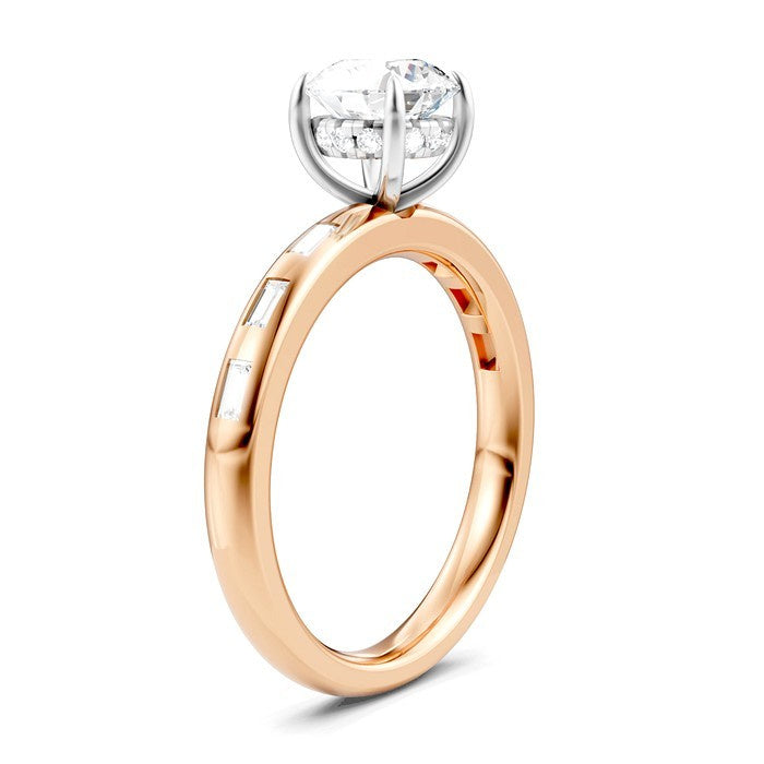 1/4 Ctw Round Shape Baguette and Round Cut Diamond Semi-Mount Engagement Ring in 14K Rose and White Gold