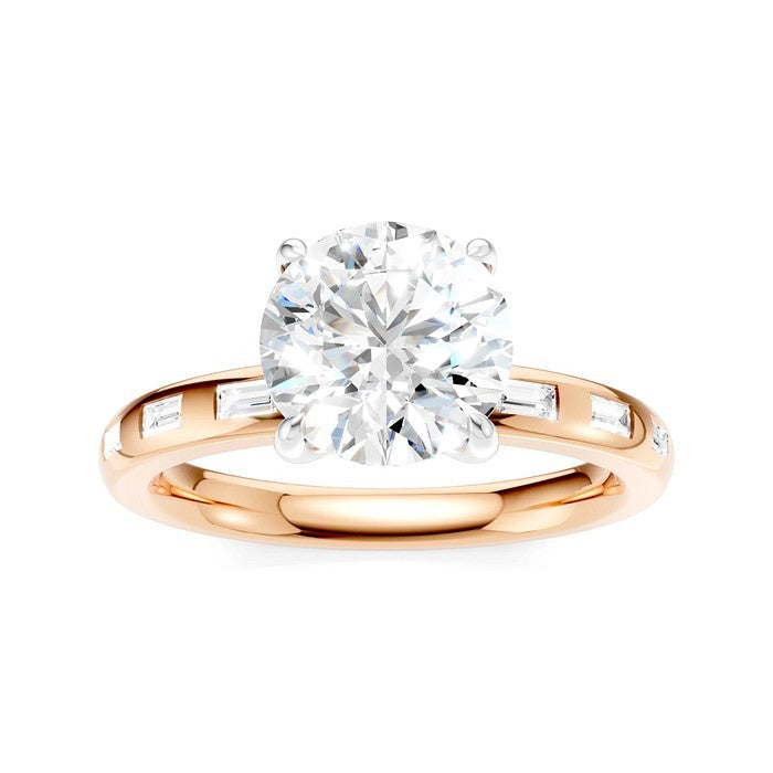 1/4 Ctw Round Shape Baguette and Round Cut Diamond Semi-Mount Engagement Ring in 14K Rose and White Gold