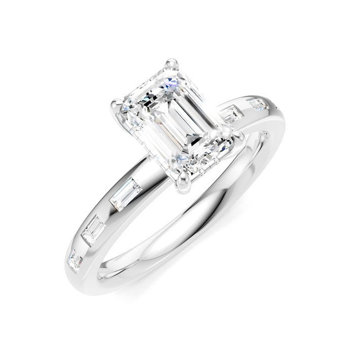 1/4 Ctw Emerald Shape Baguette and Round Cut Diamond Semi-Mount Engagement Ring in 14K White Gold
