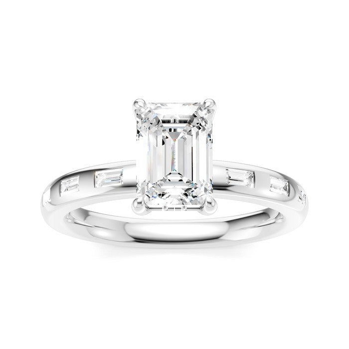 1/4 Ctw Emerald Shape Baguette and Round Cut Diamond Semi-Mount Engagement Ring in 14K White Gold