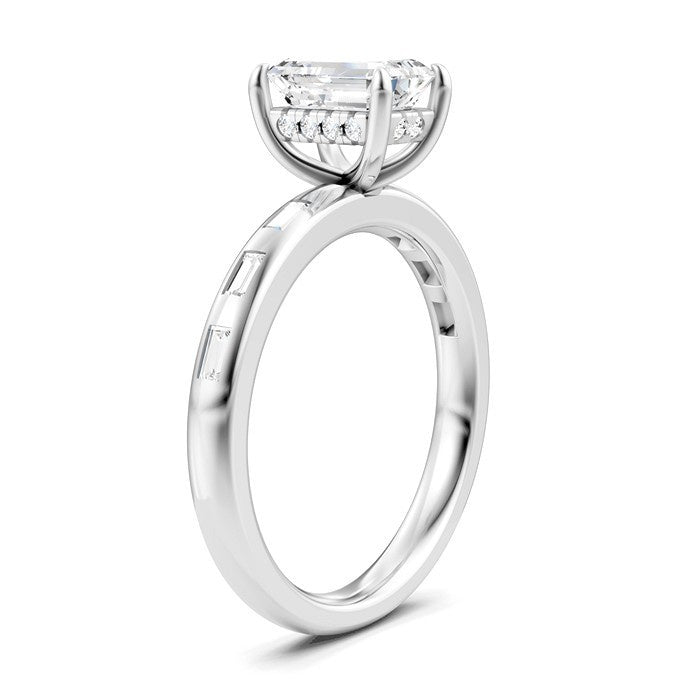 1/4 Ctw Emerald Shape Baguette and Round Cut Diamond Semi-Mount Engagement Ring in 14K White Gold