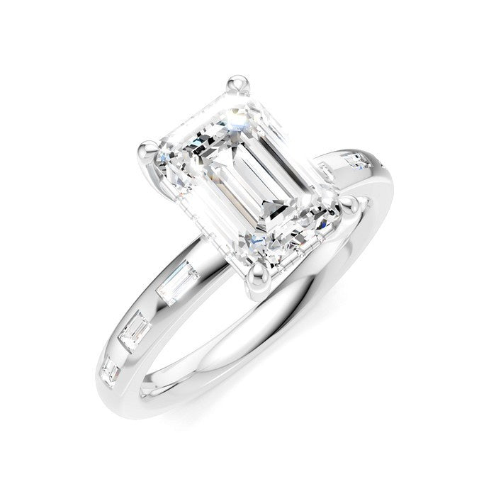 1/4 Ctw Emerald Shape Baguette and Round Cut Diamond Semi-Mount Engagement Ring in 14K White Gold