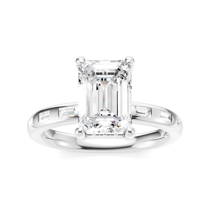 1/4 Ctw Emerald Shape Baguette and Round Cut Diamond Semi-Mount Engagement Ring in 14K White Gold
