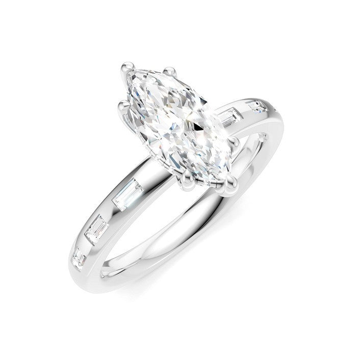 1/4 Ctw Marquise Shape Baguette and Round Cut Diamond Semi-Mount Engagement Ring in 14K White Gold