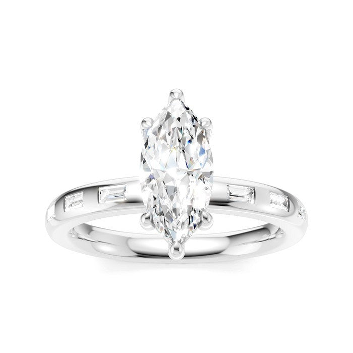 1/4 Ctw Marquise Shape Baguette and Round Cut Diamond Semi-Mount Engagement Ring in 14K White Gold