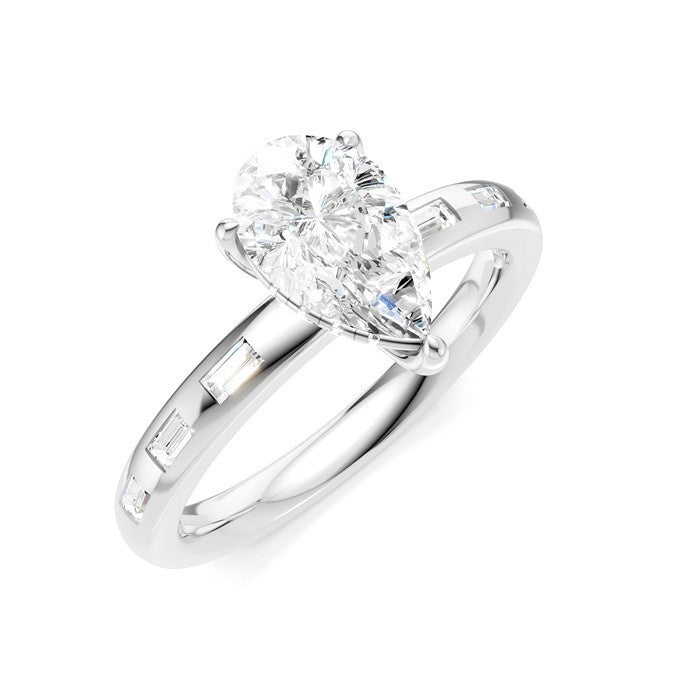 1/4 Ctw Pear Shape Baguette and Round Cut Diamond Semi-Mount Engagement Ring in 14K White Gold