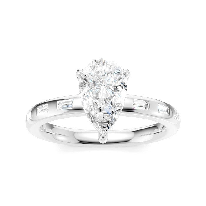 1/4 Ctw Pear Shape Baguette and Round Cut Diamond Semi-Mount Engagement Ring in 14K White Gold