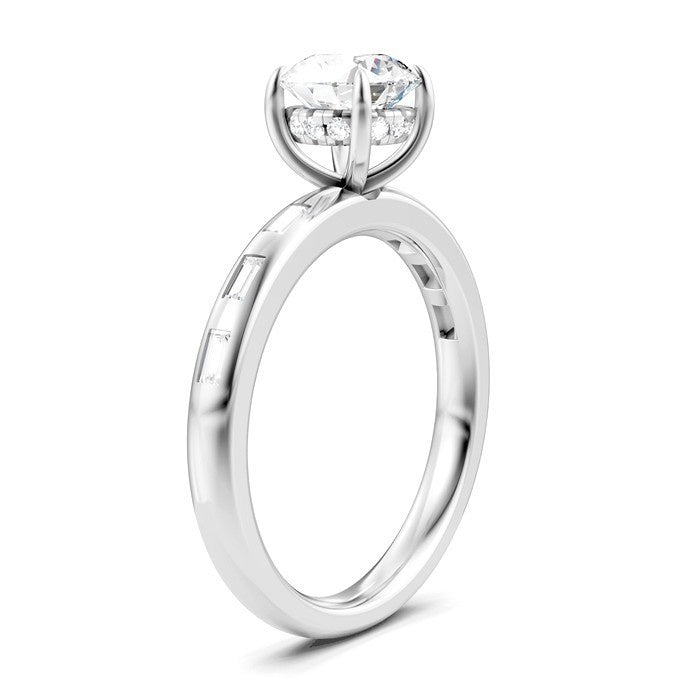 1/4 Ctw Round Shape Baguette and Round Cut Diamond Semi-Mount Engagement Ring in 14K White Gold