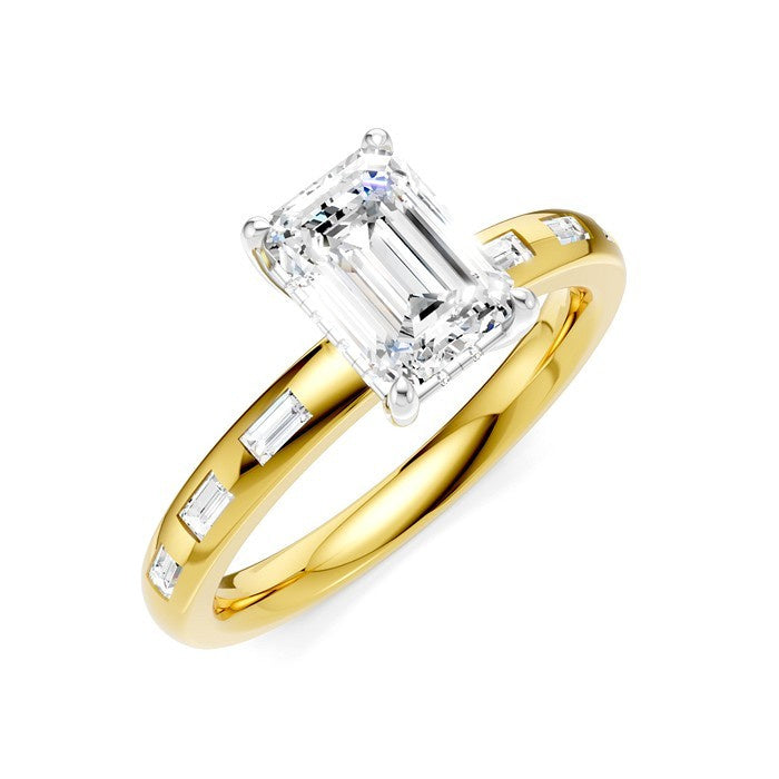 1/4 Ctw Emerald Shape Baguette and Round Cut Diamond Semi-Mount Engagement Ring in 14K Yellow and White Gold
