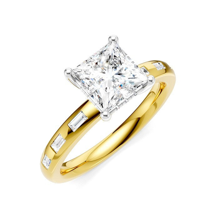 1/4 Ctw Princess Shape Baguette and Round Cut Diamond Semi-Mount Engagement Ring in 14K Yellow and White Gold