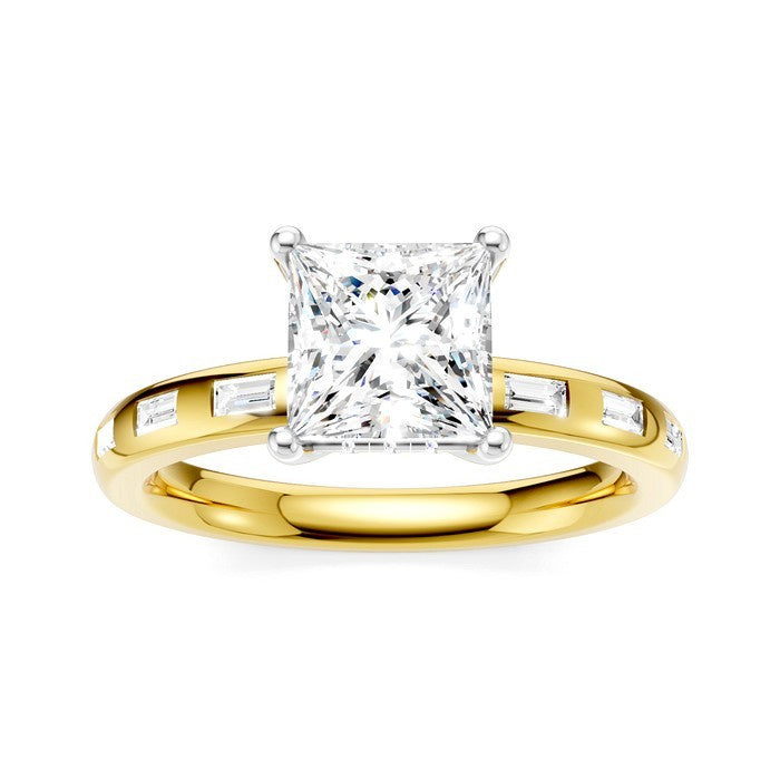 1/4 Ctw Princess Shape Baguette and Round Cut Diamond Semi-Mount Engagement Ring in 14K Yellow and White Gold