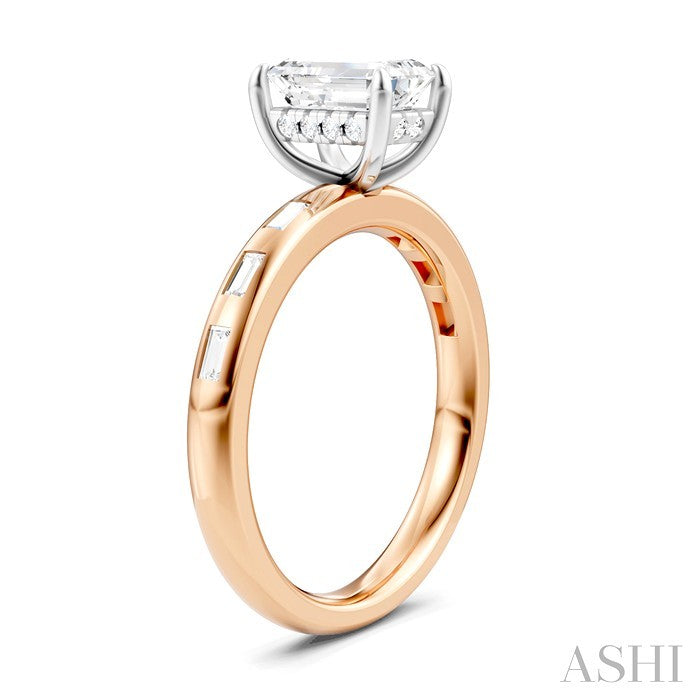1/4 Ctw Emerald Shape Baguette and Round Cut Diamond Semi-Mount Engagement Ring in 14K Rose and White Gold