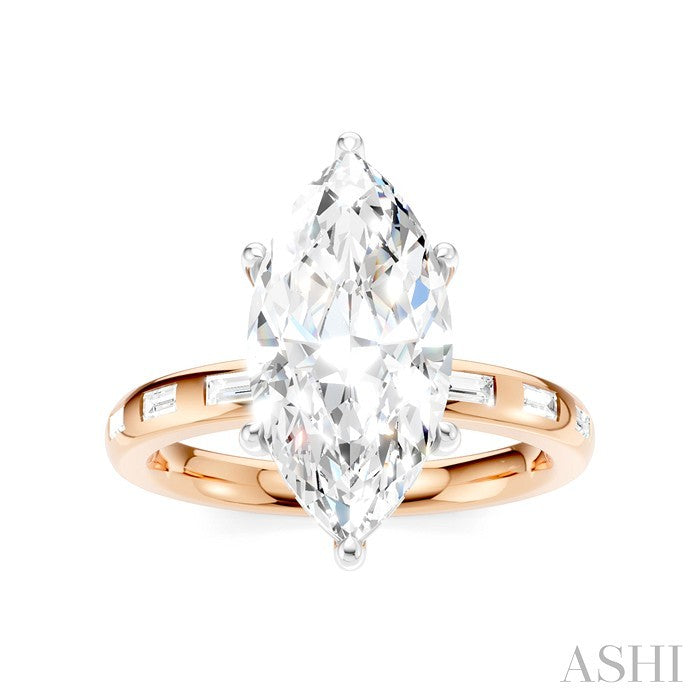 1/4 Ctw Marquise Shape Baguette and Round Cut Diamond Semi-Mount Engagement Ring in 14K Rose and White Gold