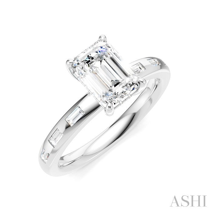 1/4 Ctw Emerald Shape Baguette and Round Cut Diamond Semi-Mount Engagement Ring in 14K White Gold