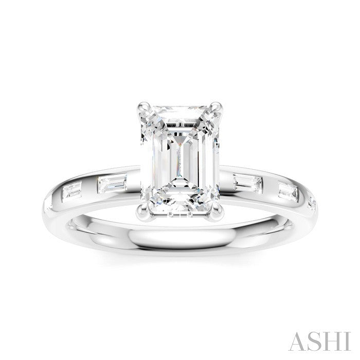 1/4 Ctw Emerald Shape Baguette and Round Cut Diamond Semi-Mount Engagement Ring in 14K White Gold