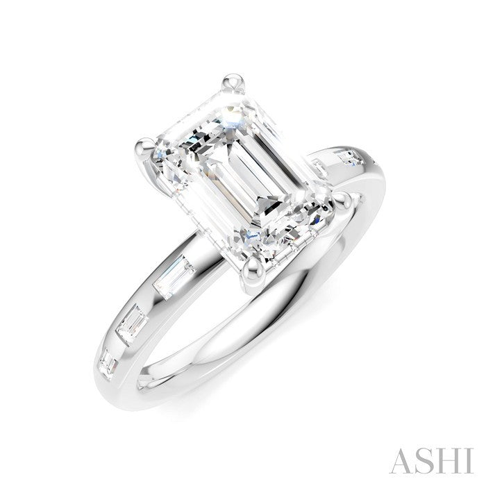 1/4 Ctw Emerald Shape Baguette and Round Cut Diamond Semi-Mount Engagement Ring in 14K White Gold
