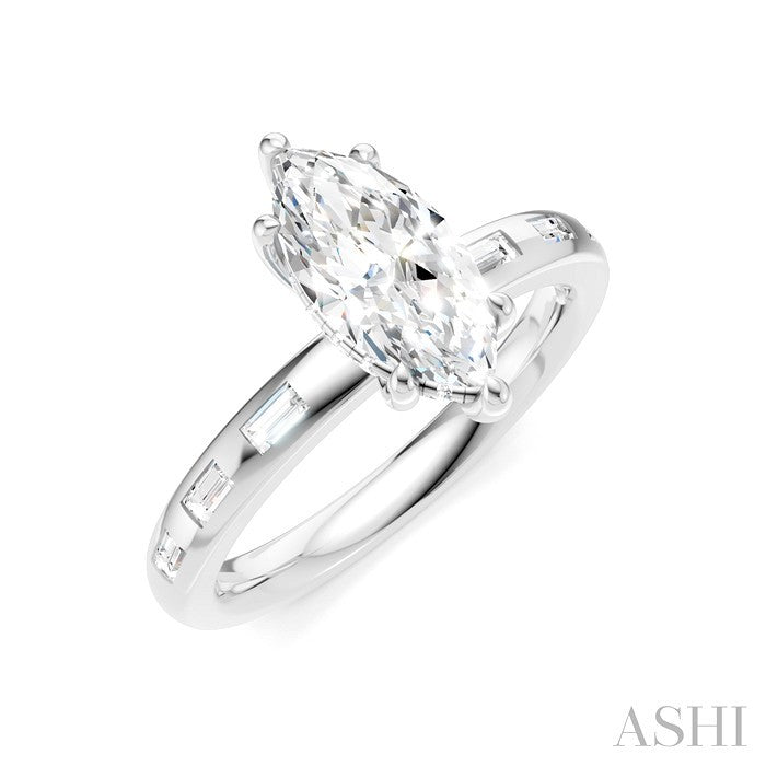 1/4 Ctw Marquise Shape Baguette and Round Cut Diamond Semi-Mount Engagement Ring in 14K White Gold