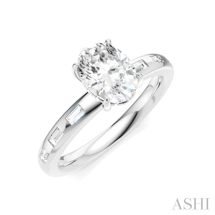 1/4 Ctw Oval Shape Baguette and Round Cut Diamond Semi-Mount Engagement Ring in 14K White Gold
