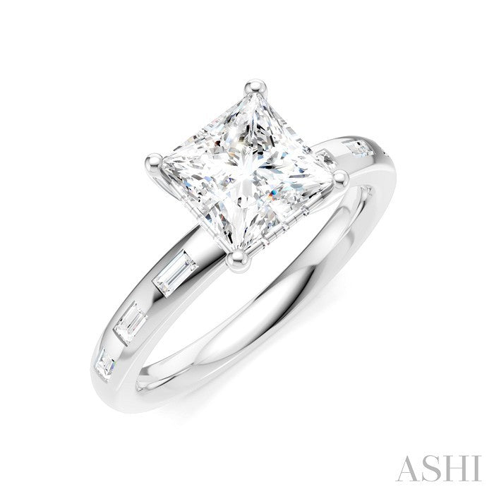 1/4 Ctw Princess Shape Baguette and Round Cut Diamond Semi-Mount Engagement Ring in 14K White Gold