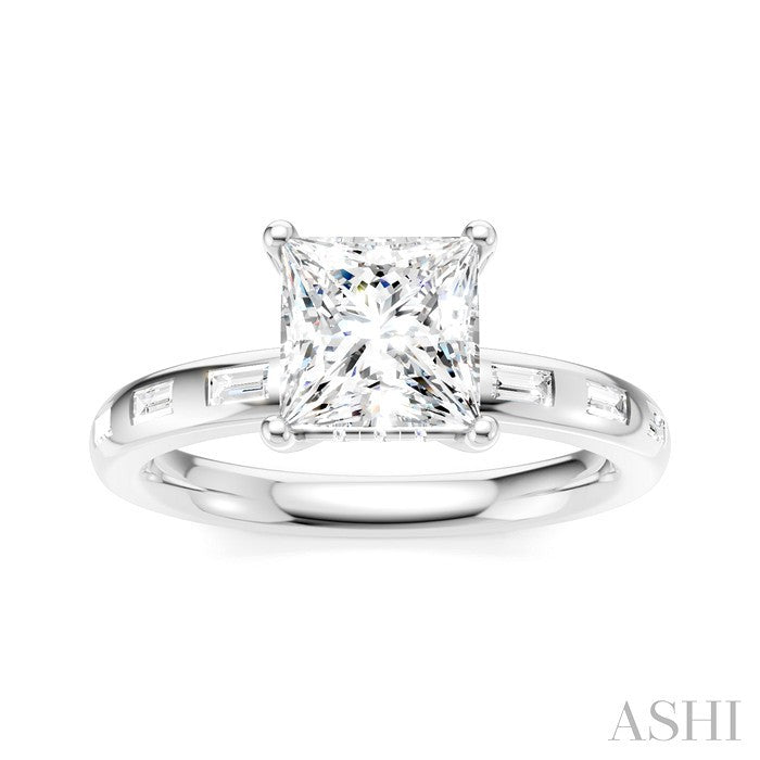 1/4 Ctw Princess Shape Baguette and Round Cut Diamond Semi-Mount Engagement Ring in 14K White Gold
