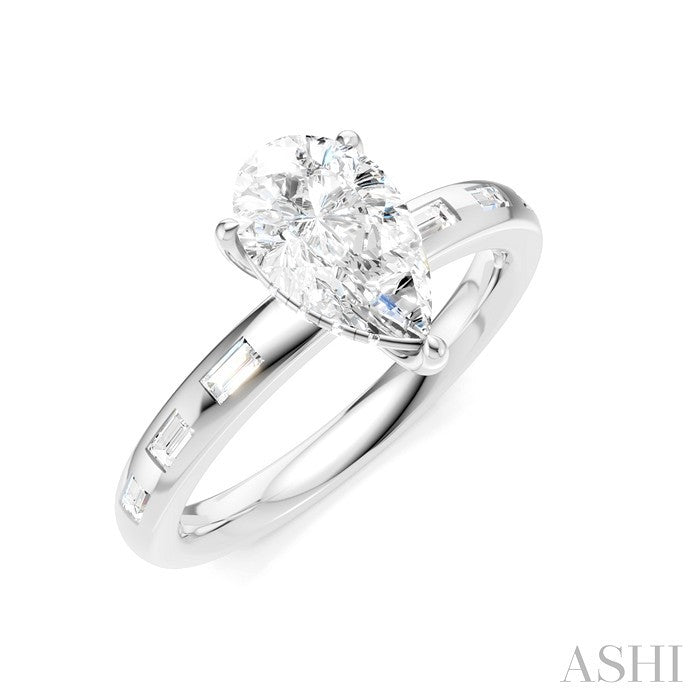 1/4 Ctw Pear Shape Baguette and Round Cut Diamond Semi-Mount Engagement Ring in 14K White Gold