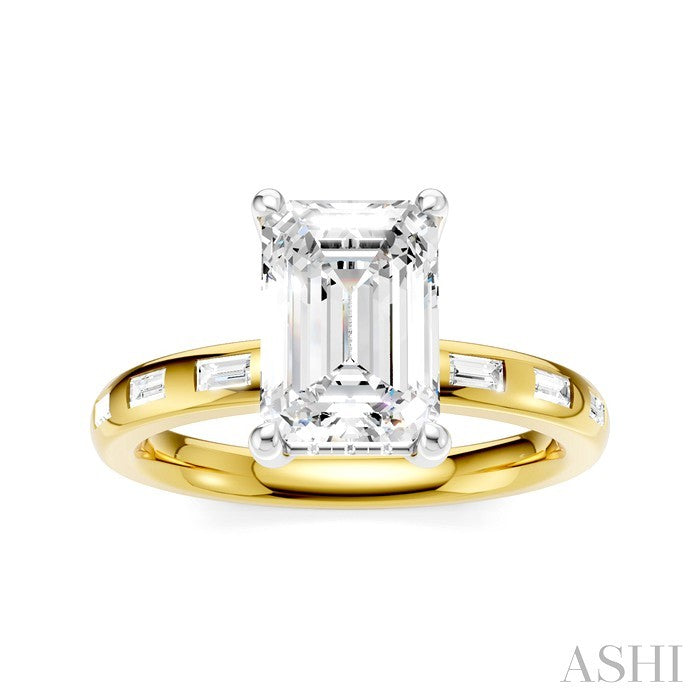 1/4 Ctw Emerald Shape Baguette and Round Cut Diamond Semi-Mount Engagement Ring in 14K Yellow and White Gold