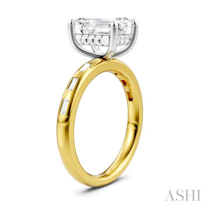 1/4 Ctw Emerald Shape Baguette and Round Cut Diamond Semi-Mount Engagement Ring in 14K Yellow and White Gold