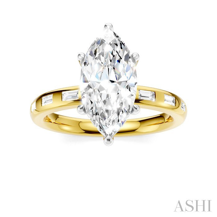1/4 Ctw Marquise Shape Baguette and Round Cut Diamond Semi-Mount Engagement Ring in 14K Yellow and White Gold