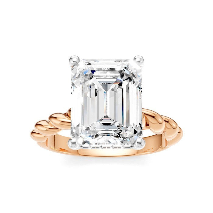 1/10 Ctw Akari Emerald Shape Rope Shank Round Cut Diamond Semi Mount Engagement Ring in 14K Rose and White Gold