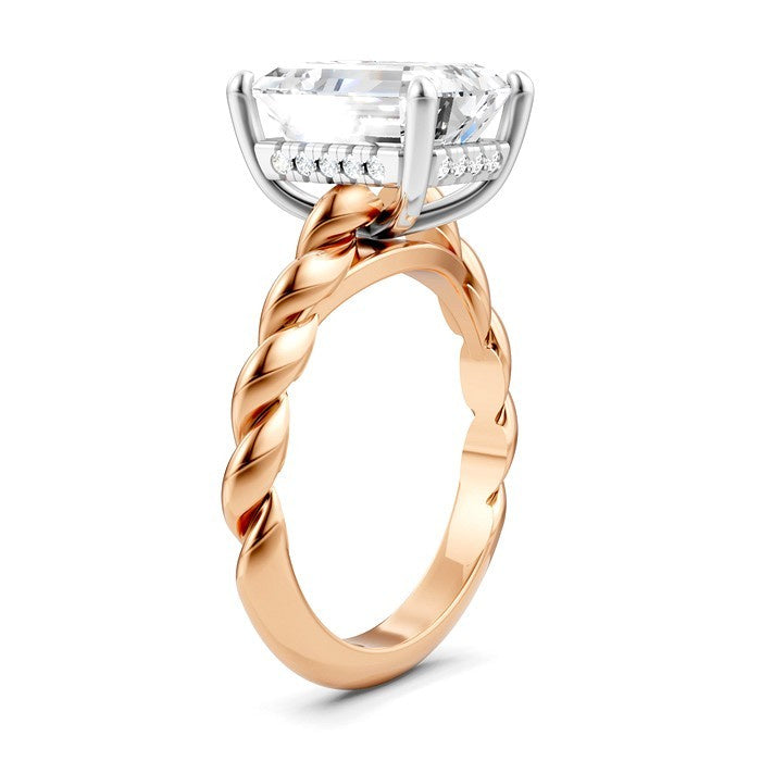 1/10 Ctw Akari Emerald Shape Rope Shank Round Cut Diamond Semi Mount Engagement Ring in 14K Rose and White Gold