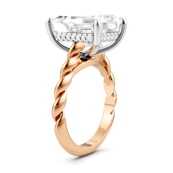 1/6 Ctw Akari Emerald Shape Rope Shank Round Cut Diamond Semi Mount Engagement Ring in 14K Rose and White Gold