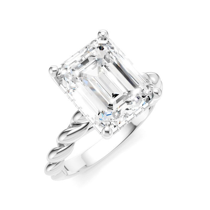 1/10 Ctw Akari Emerald Shape Rope Shank Round Cut Diamond Semi Mount Engagement Ring in 14K White Gold