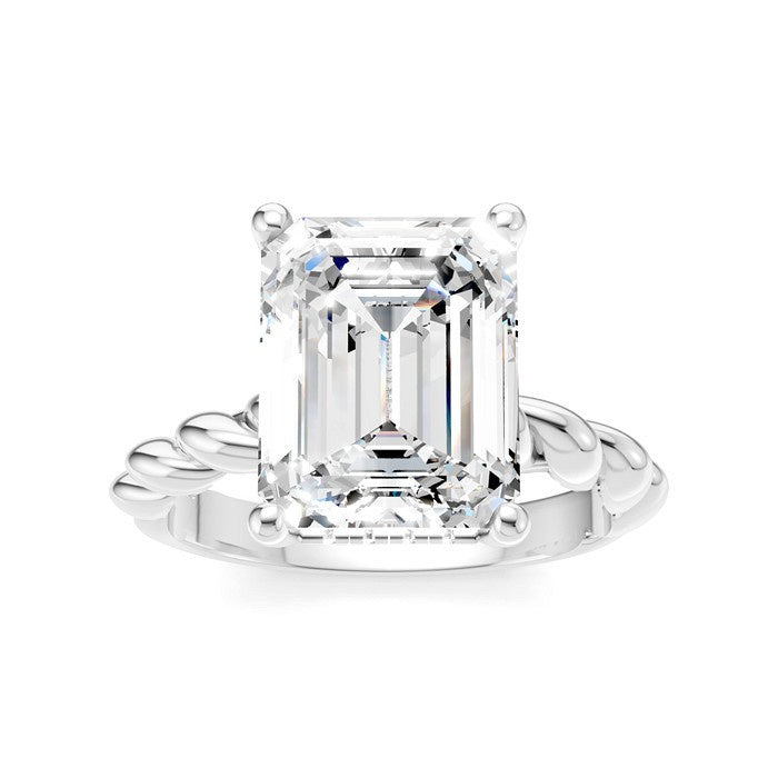 1/10 Ctw Akari Emerald Shape Rope Shank Round Cut Diamond Semi Mount Engagement Ring in 14K White Gold