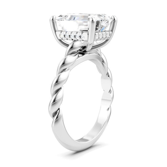 1/10 Ctw Akari Emerald Shape Rope Shank Round Cut Diamond Semi Mount Engagement Ring in 14K White Gold