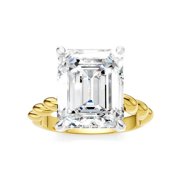 1/8 Ctw Akari Emerald Shape Rope Shank Round Cut Diamond Semi Mount Engagement Ring in 14K Yellow and White Gold