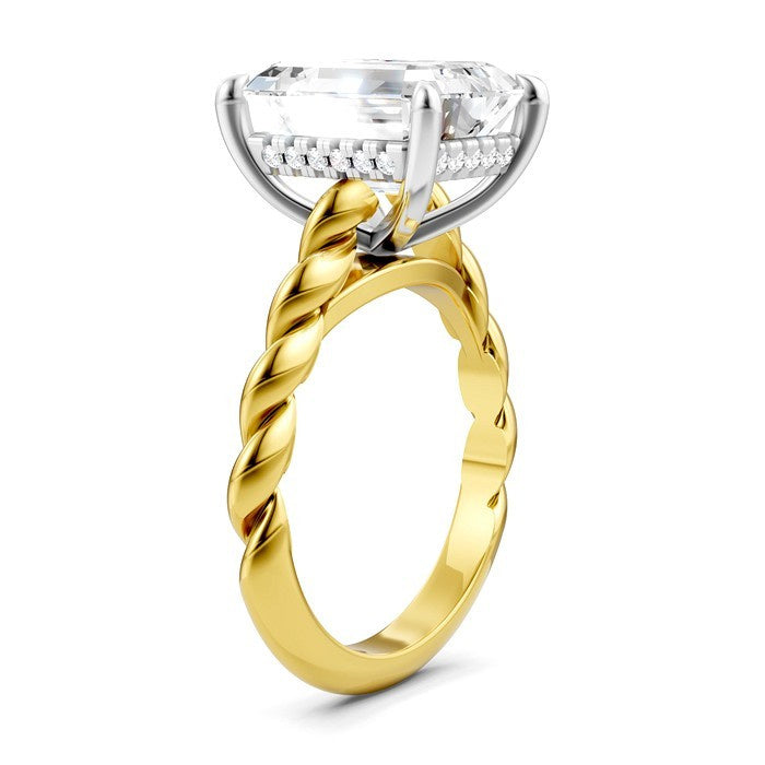 1/8 Ctw Akari Emerald Shape Rope Shank Round Cut Diamond Semi Mount Engagement Ring in 14K Yellow and White Gold